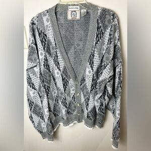 Sears Roebuck Cardigan Sweater Men’s XL Gray Geometric‎ Italy VTG Old Money READ